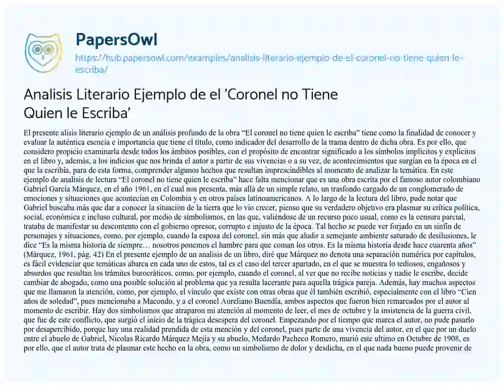 Essay on Analisis Literario Ejemplo de el ‘Coronel no Tiene Quien le Escriba’