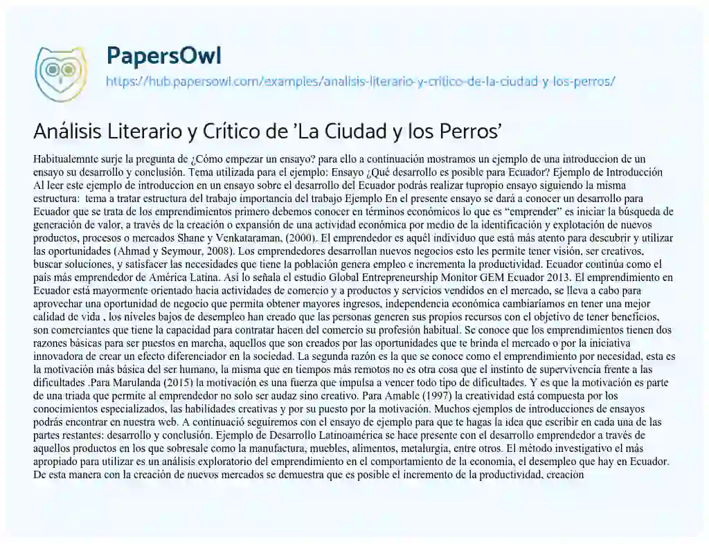Essay on Análisis Literario y Crítico de ‘La Ciudad y los Perros’