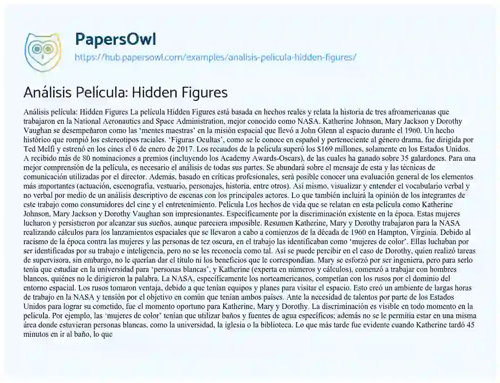 Essay on Análisis Película: Hidden Figures