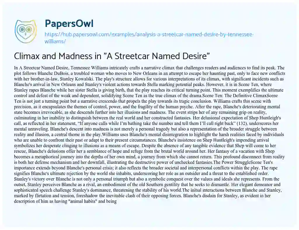 Essay on Climax and Madness in “A Streetcar Named Desire”