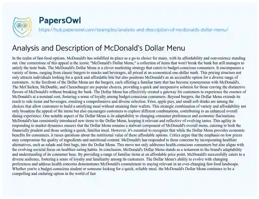 Essay on Analysis and Description of McDonald’s Dollar Menu