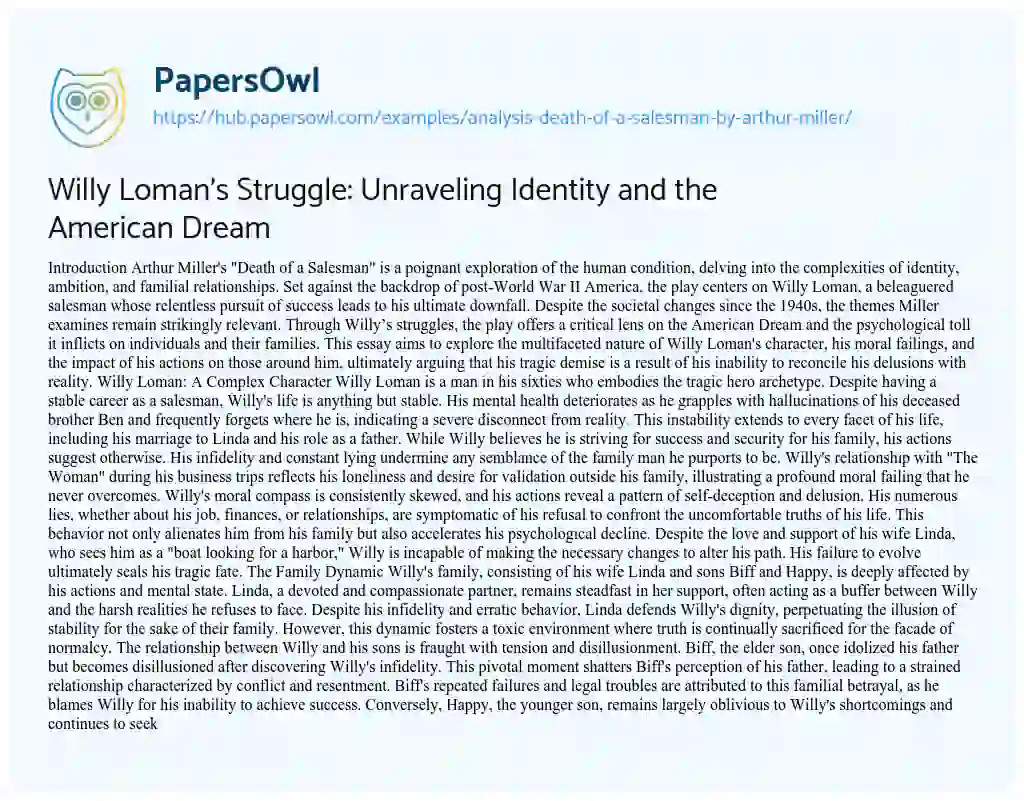 Essay on Willy Loman’s Struggle: Unraveling Identity and the American Dream