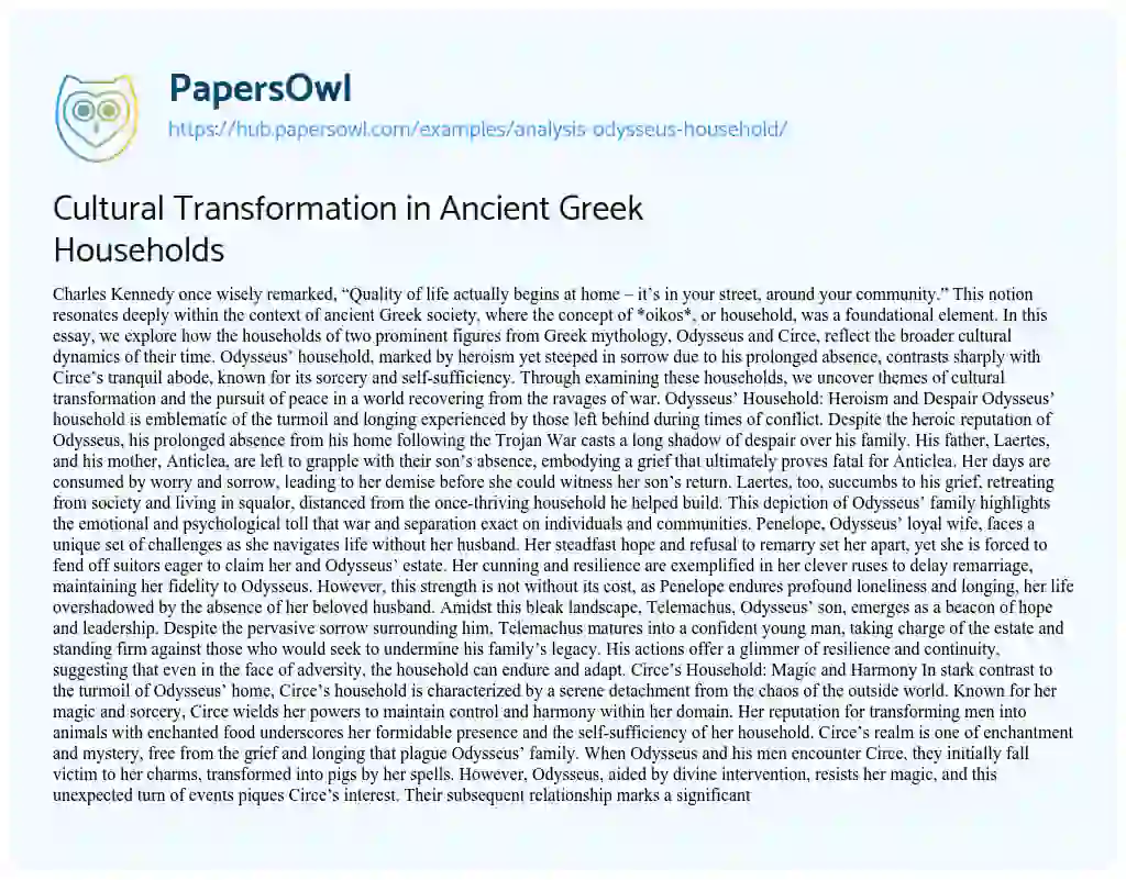 Essay on Cultural Transformation in Ancient Greek Households
