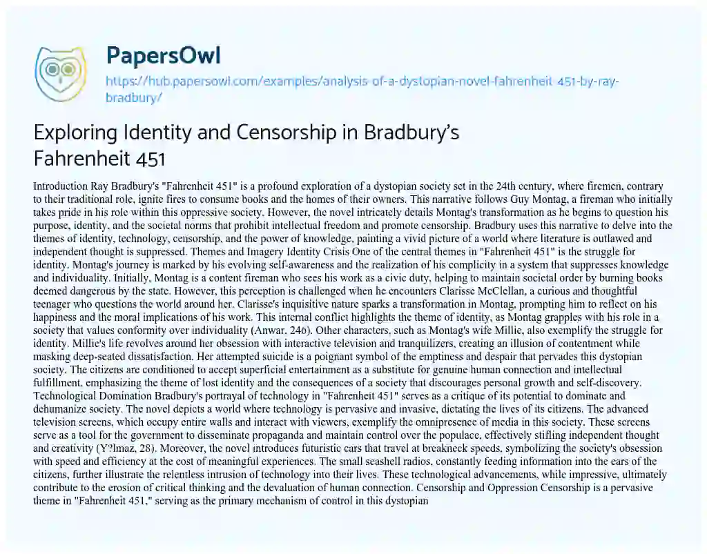 Essay on Exploring Identity and Censorship in Bradbury’s Fahrenheit 451