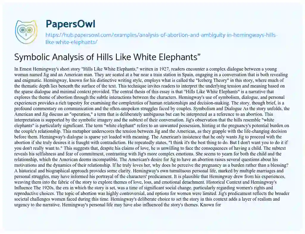 Essay on Symbolic Analysis of Hills Like White Elephants”
