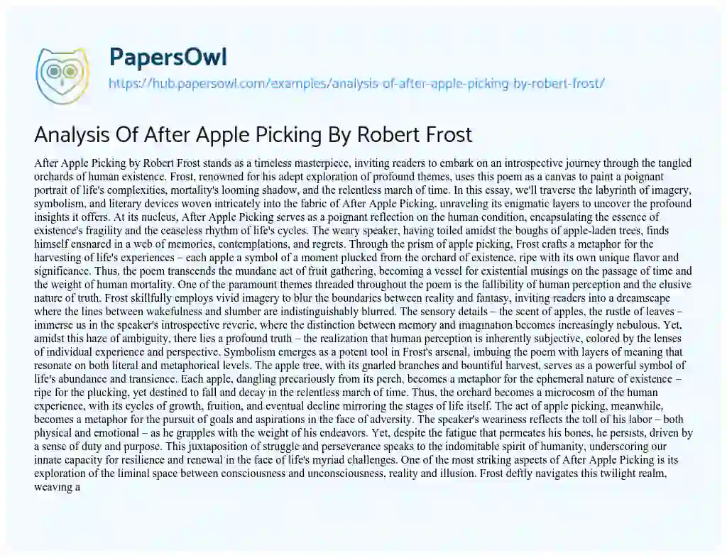Essay on Analysis Of After Apple Picking By Robert Frost
