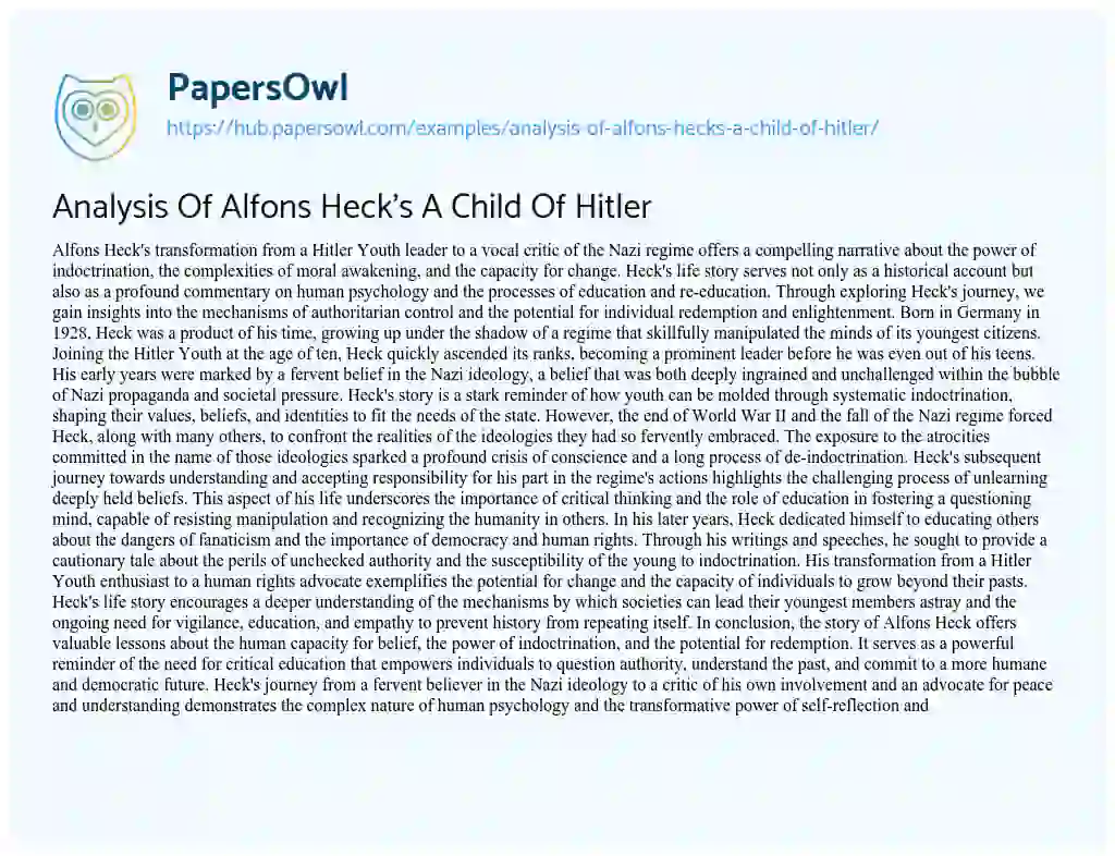 Essay on Analysis Of Alfons Heck’s A Child Of Hitler