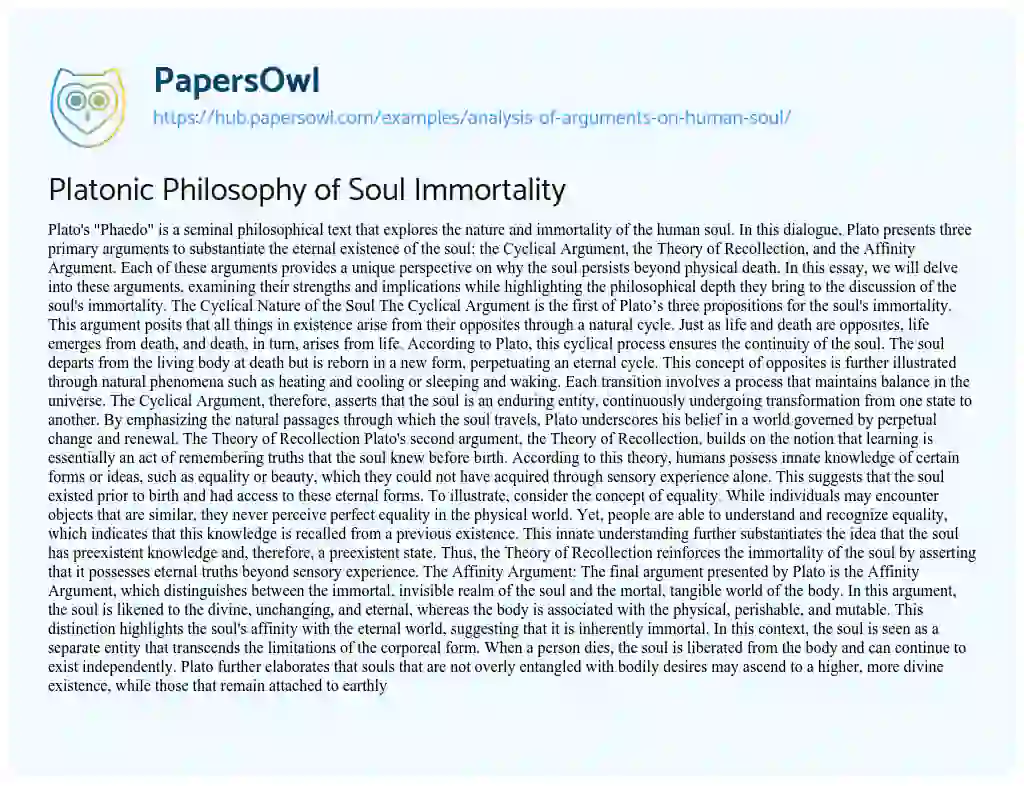 Essay on Platonic Philosophy of Soul Immortality