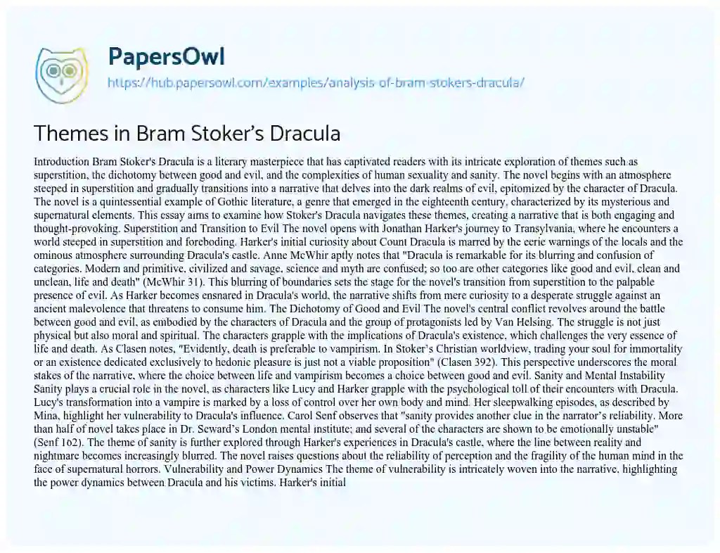 Essay on Themes in Bram Stoker’s Dracula
