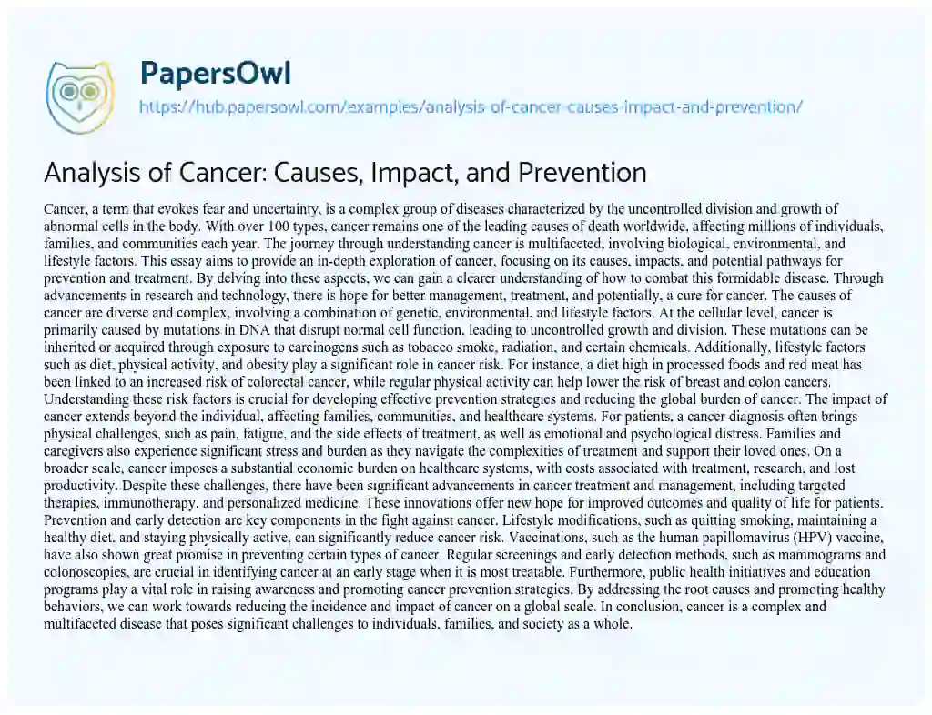 Essay on Analysis of Cancer: Causes, Impact, and Prevention