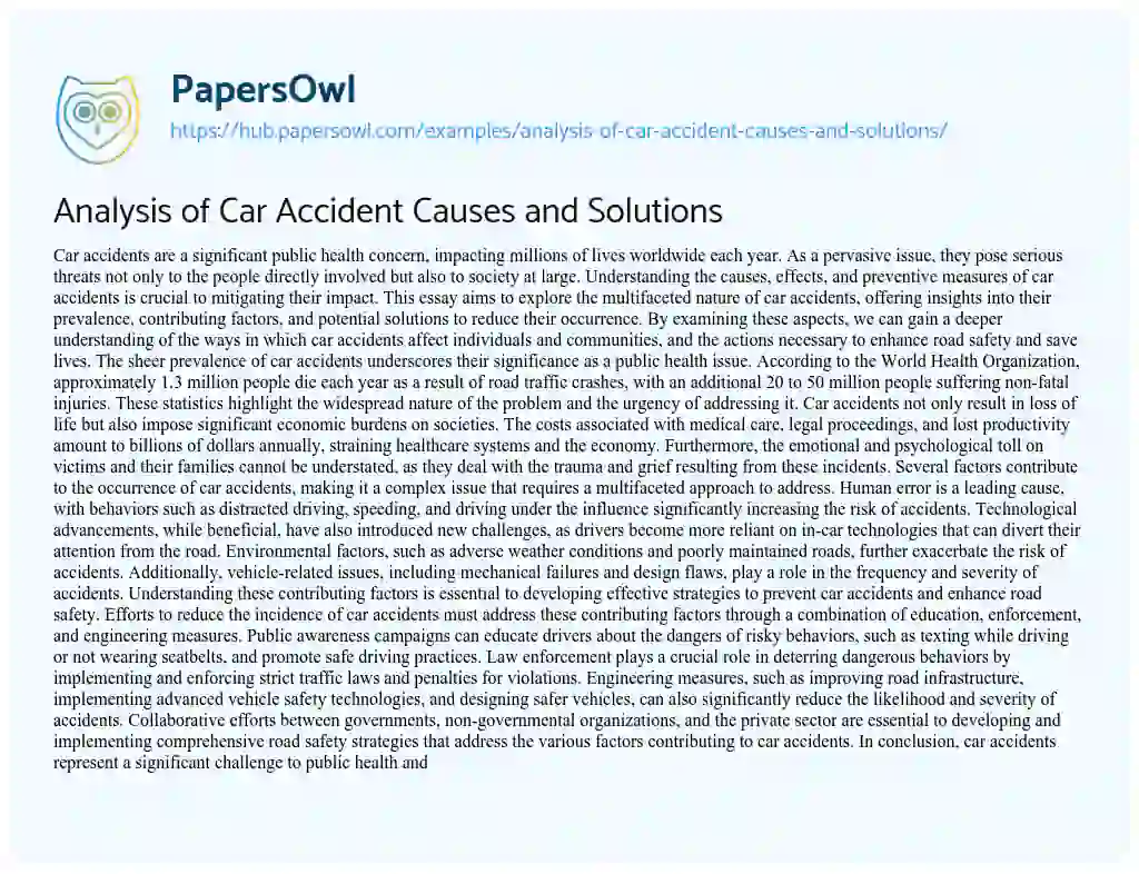 Essay on Analysis of Car Accident Causes and Solutions