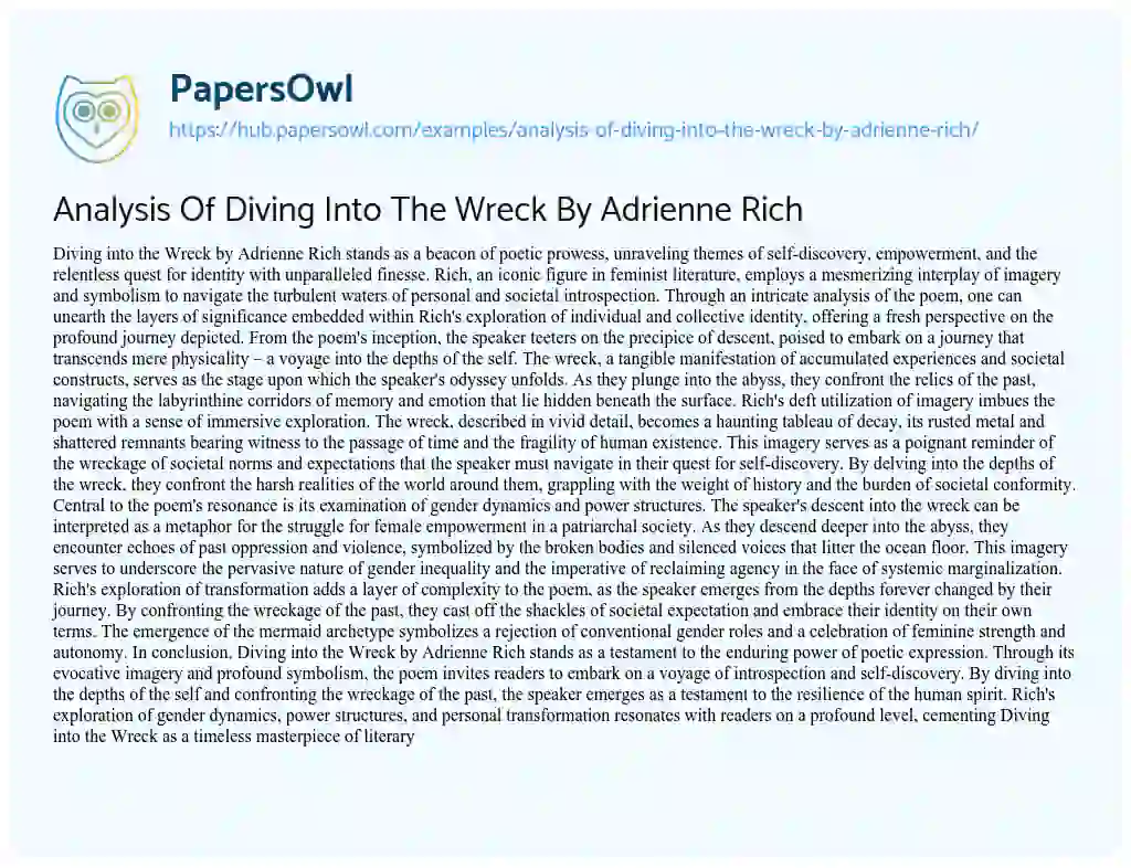 Essay on Analysis Of Diving Into The Wreck By Adrienne Rich