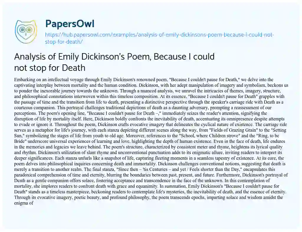Essay on Analysis of Emily Dickinson’s Poem, Because I could not stop for Death
