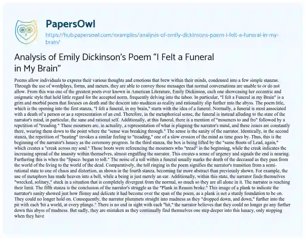 Essay on Analysis of Emily Dickinson’s Poem “I Felt a Funeral in My Brain”