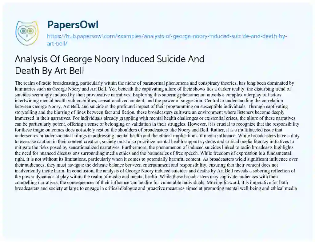 Essay on Analysis Of George Noory Induced Suicide And Death By Art Bell