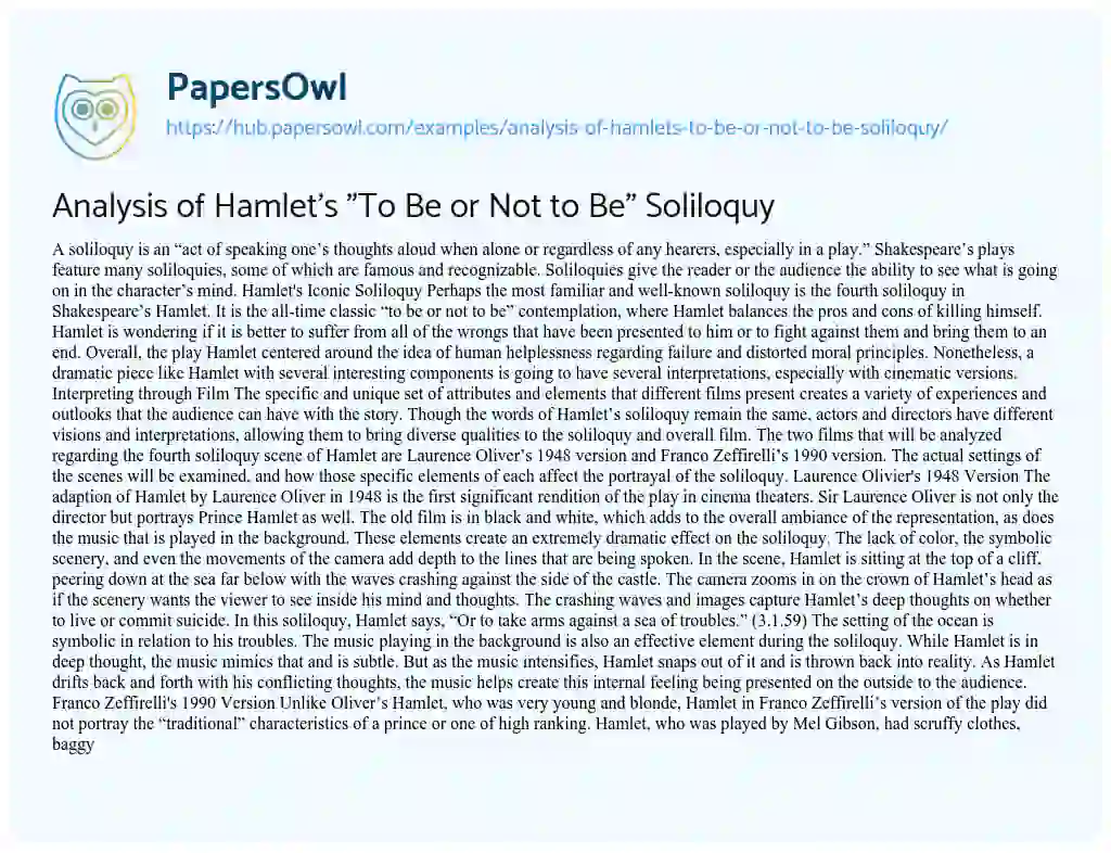 Essay on Analysis of Hamlet’s “To Be or Not to Be” Soliloquy