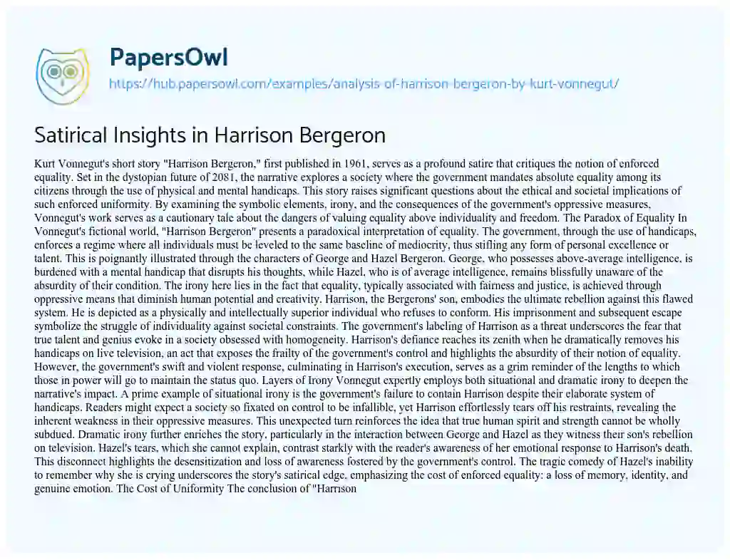 Essay on Satirical Insights in Harrison Bergeron