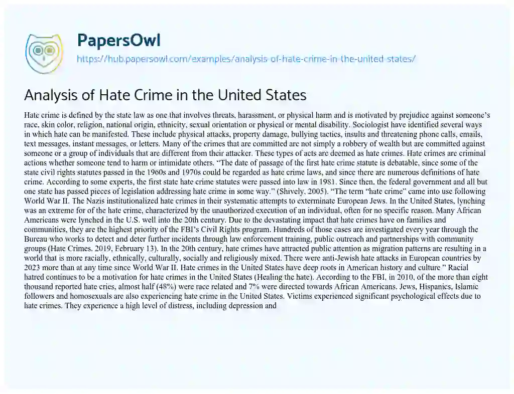 Essay on Analysis of Hate Crime in the United States