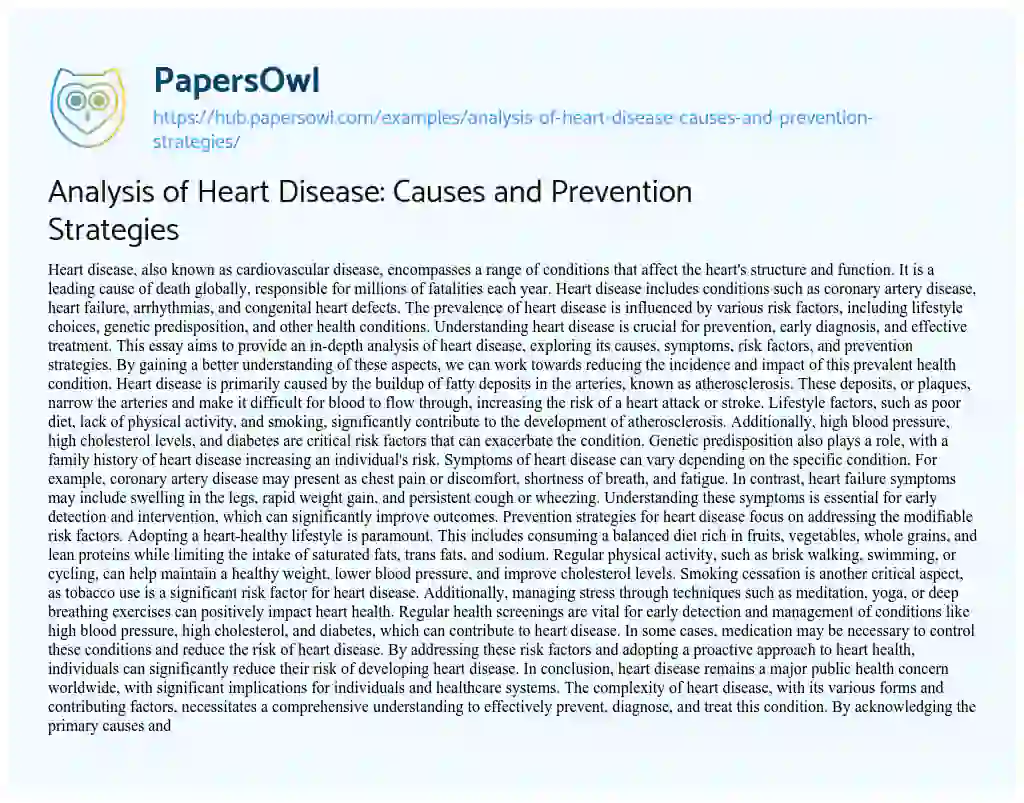 Essay on Analysis of Heart Disease: Causes and Prevention Strategies
