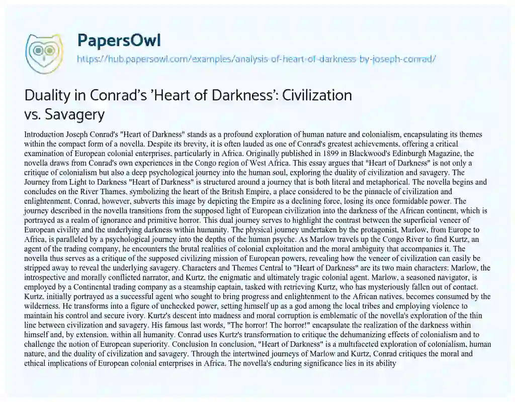 Essay on Duality in Conrad’s ‘Heart of Darkness’: Civilization vs. Savagery