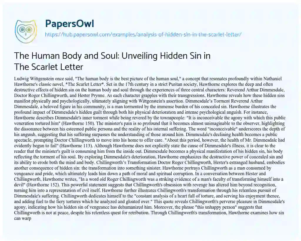 Essay on The Human Body and Soul: Unveiling Hidden Sin in The Scarlet Letter