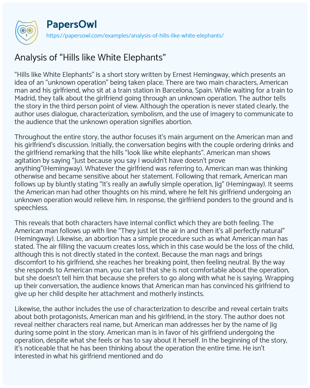 Essay on Analysis of “Hills like White Elephants”