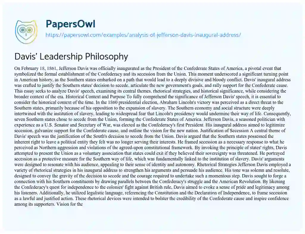 Essay on Davis’ Leadership Philosophy