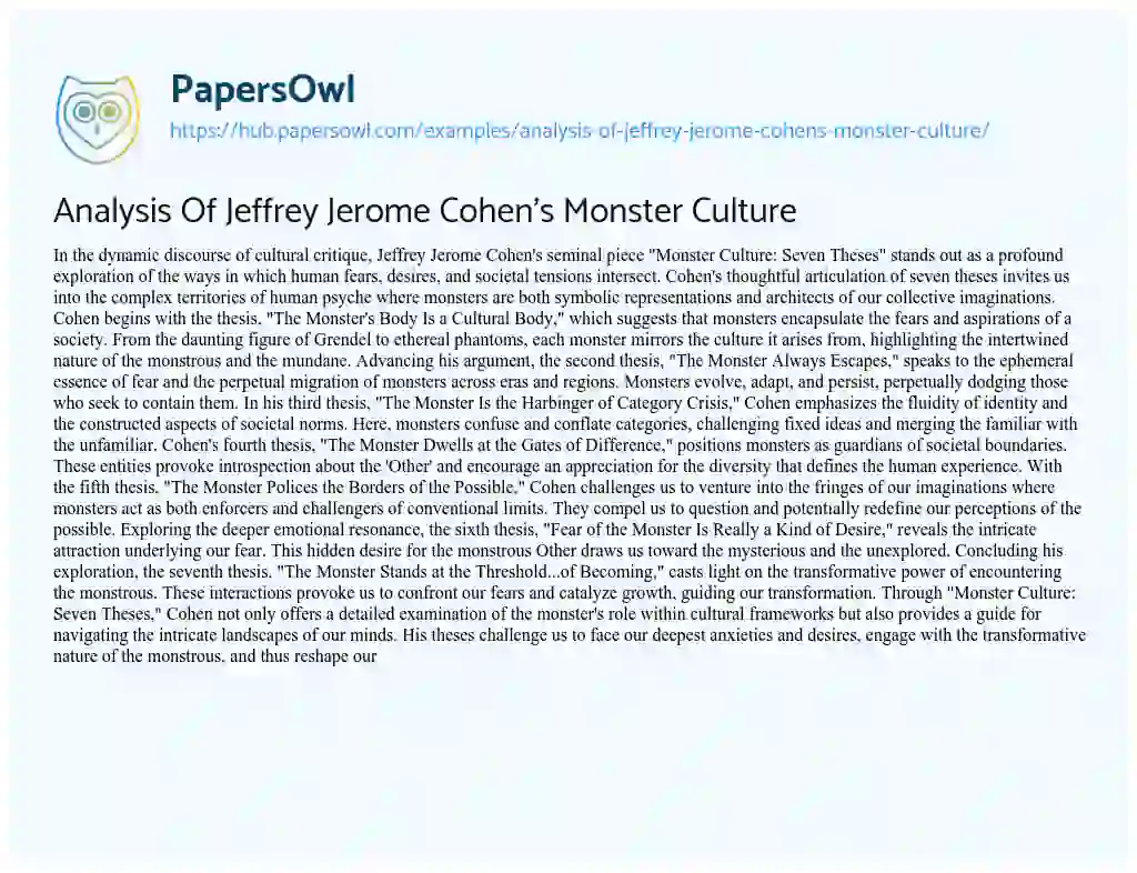 Essay on Analysis Of Jeffrey Jerome Cohen’s Monster Culture