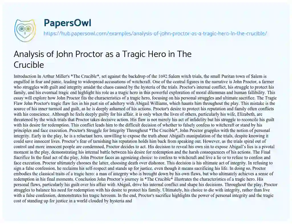 Essay on Analysis of John Proctor as a Tragic Hero in The Crucible