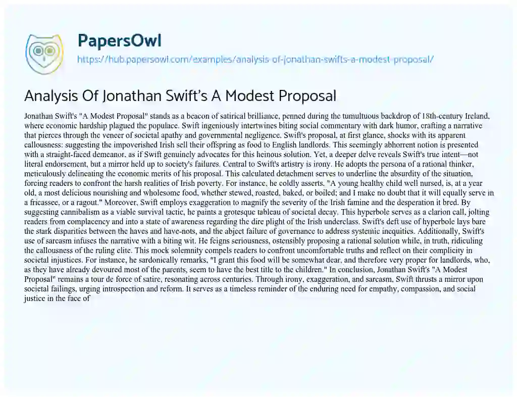Essay on Analysis Of Jonathan Swift’s A Modest Proposal