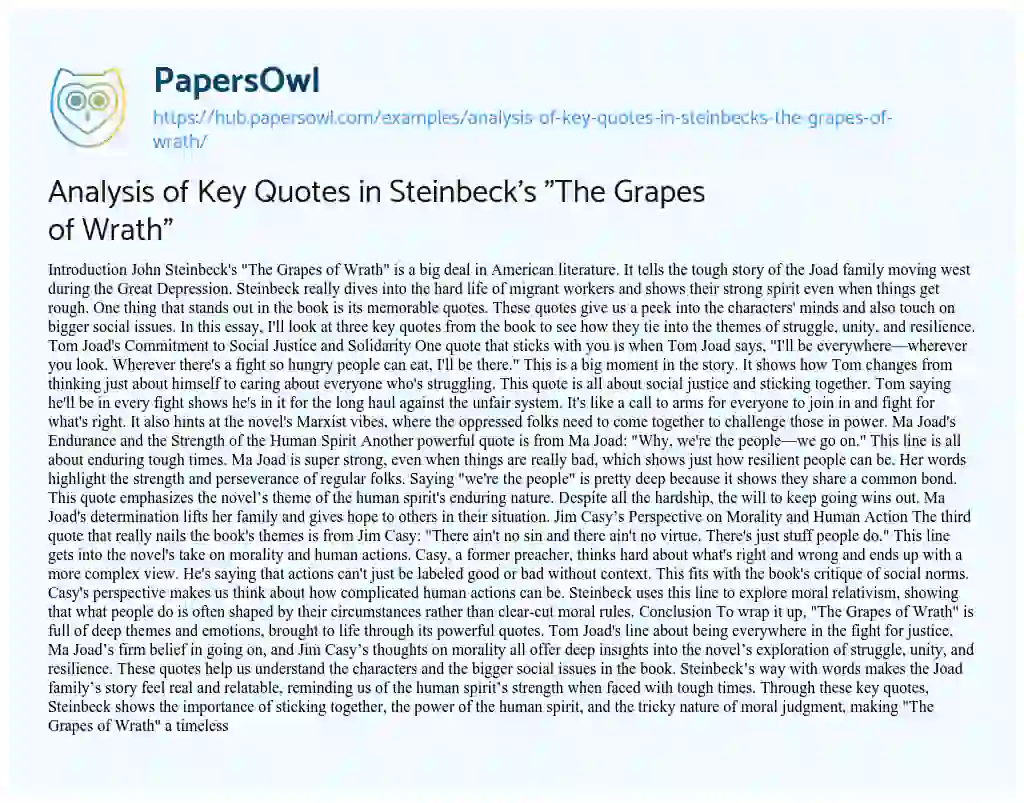 Essay on Analysis of Key Quotes in Steinbeck’s “The Grapes of Wrath”