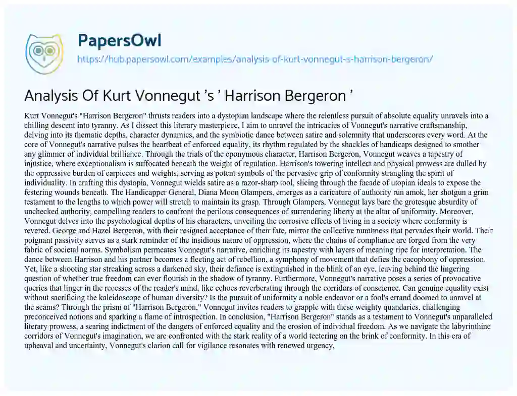 Essay on Analysis Of Kurt Vonnegut ‘s ‘ Harrison Bergeron ‘