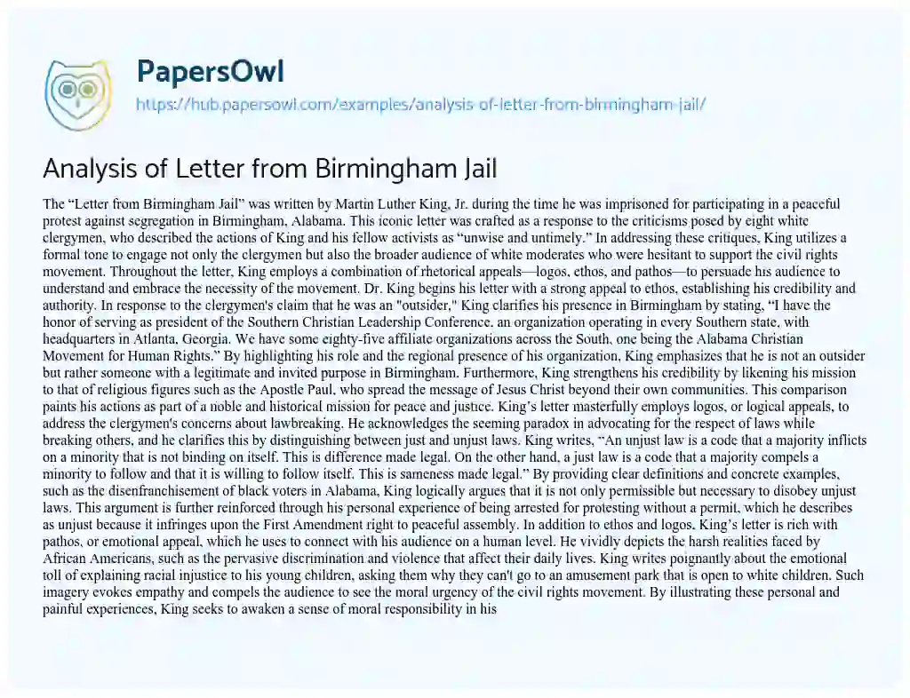 Essay on Analysis of Letter from Birmingham Jail