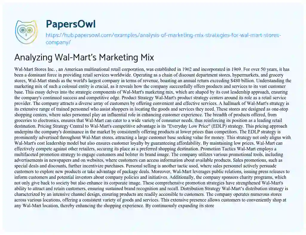 Essay on Analyzing Wal-Mart’s Marketing Mix