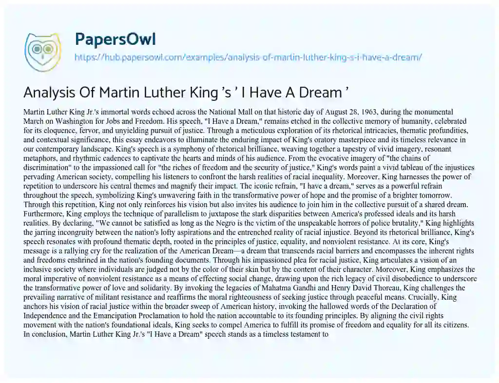 Essay on Analysis Of Martin Luther King ‘s ‘ I Have A Dream ‘