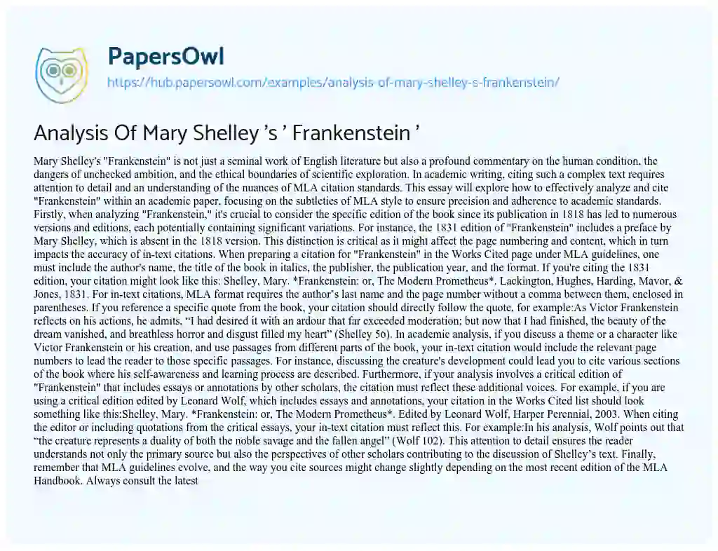 Essay on Analysis Of Mary Shelley ‘s ‘ Frankenstein ‘