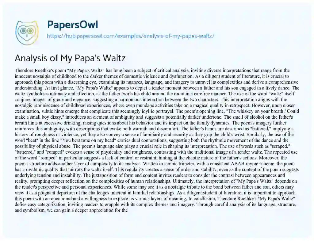 Essay on Analysis of My Papa’s Waltz
