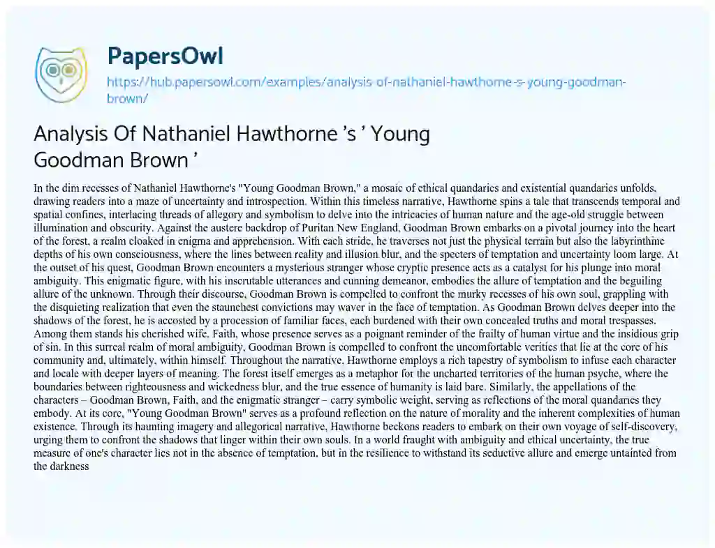 Essay on Analysis Of Nathaniel Hawthorne ‘s ‘ Young Goodman Brown ‘