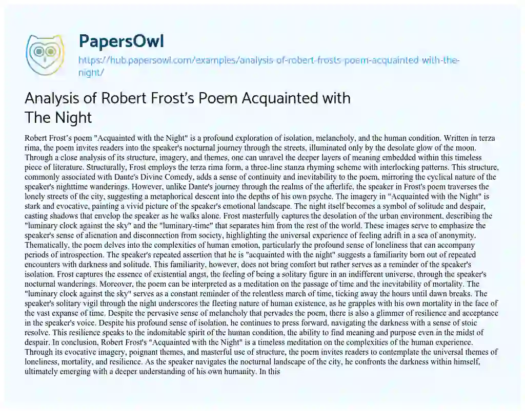 Essay on Analysis of Robert Frost’s Poem Acquainted with The Night