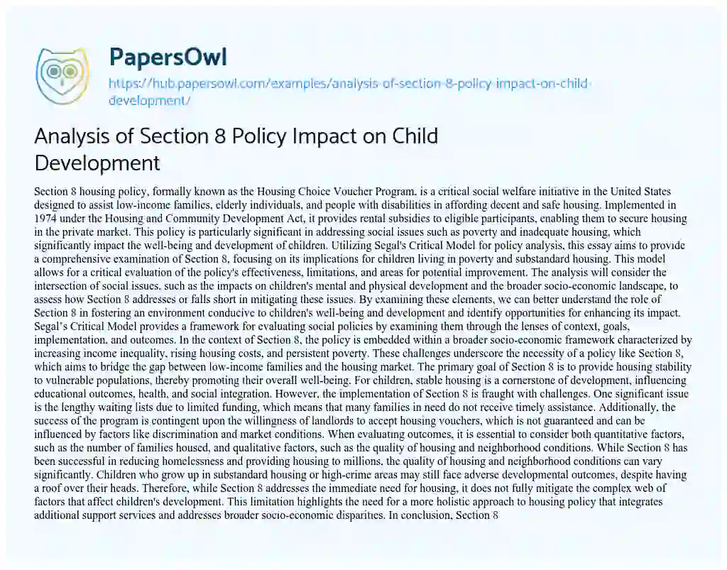 Essay on Analysis of Section 8 Policy Impact on Child Development