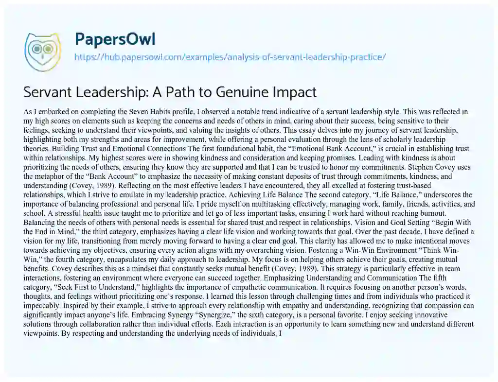 Essay on Servant Leadership: A Path to Genuine Impact