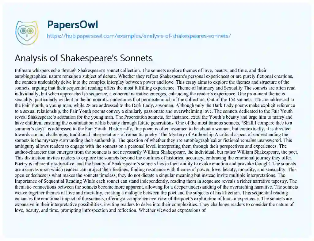 Essay on Analysis of Shakespeare’s Sonnets