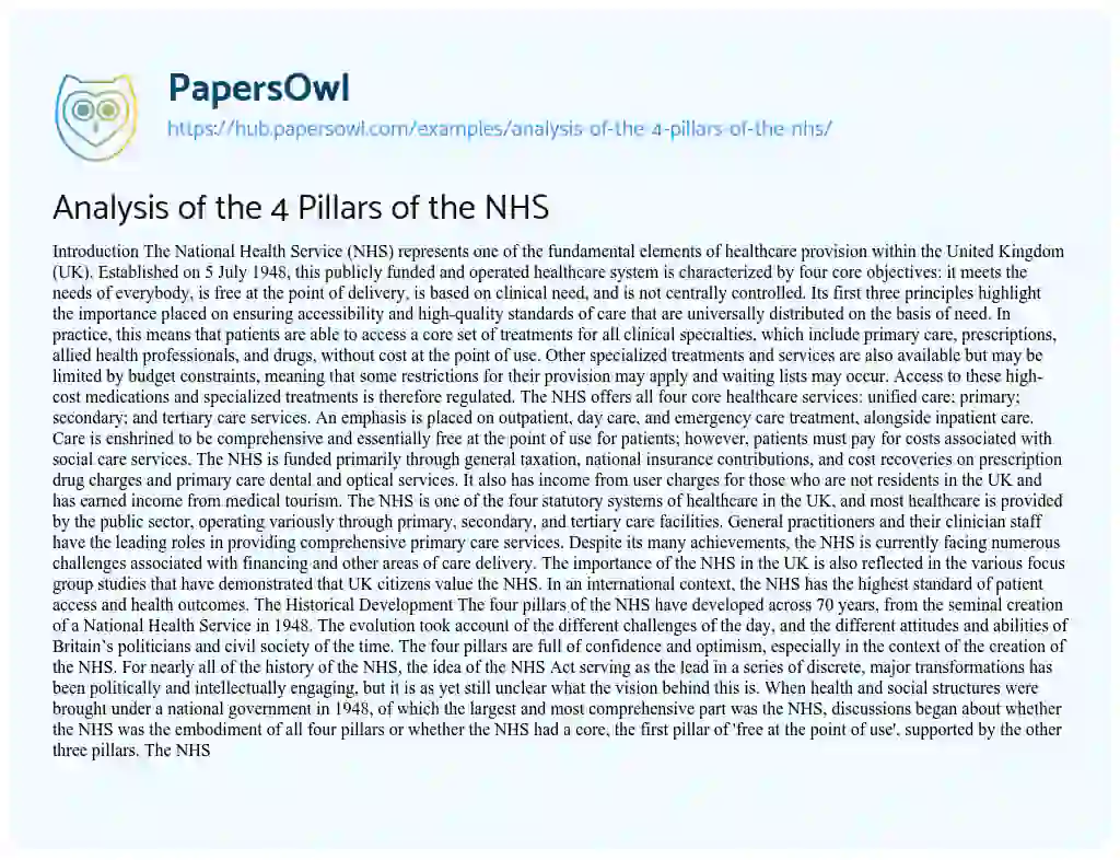 Essay on Analysis of the 4 Pillars of the NHS