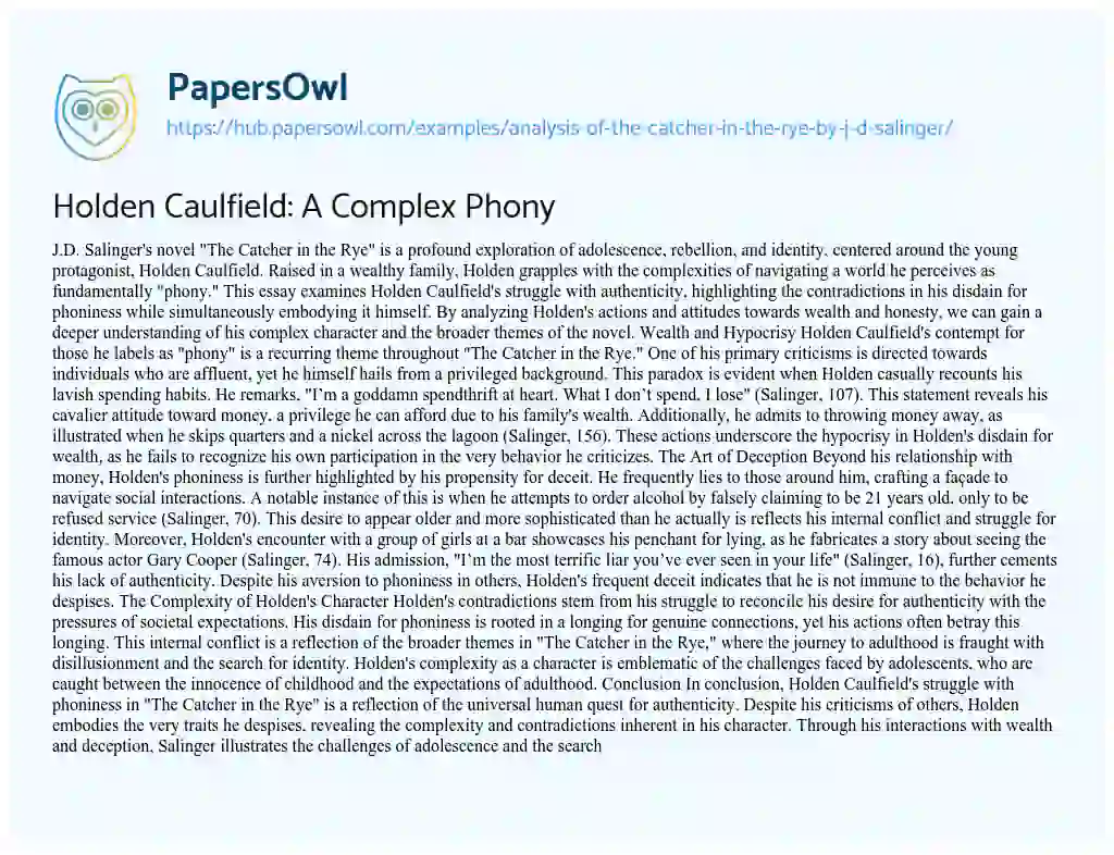 Essay on Holden Caulfield: A Complex Phony