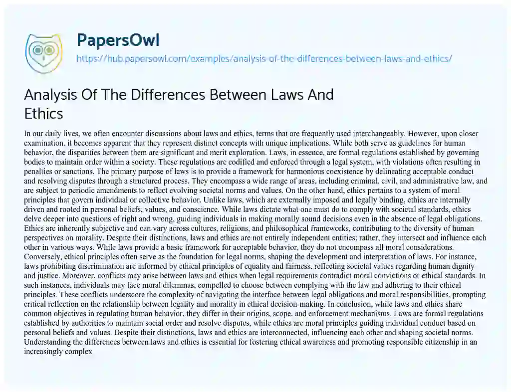 Essay on Analysis Of The Differences Between Laws And Ethics