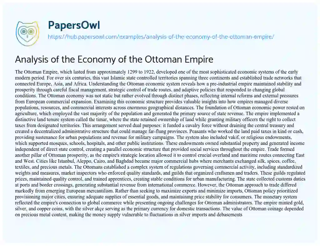 Essay on Analysis of the Economy of the Ottoman Empire