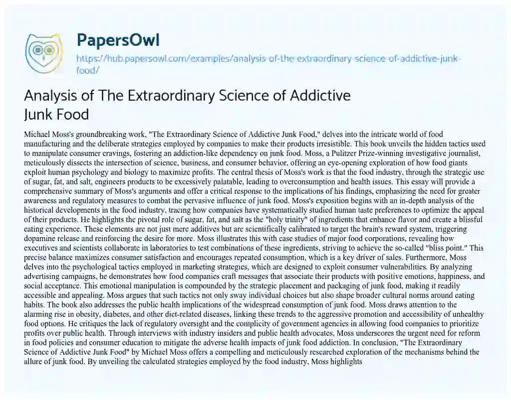 Essay on Analysis of The Extraordinary Science of Addictive Junk Food