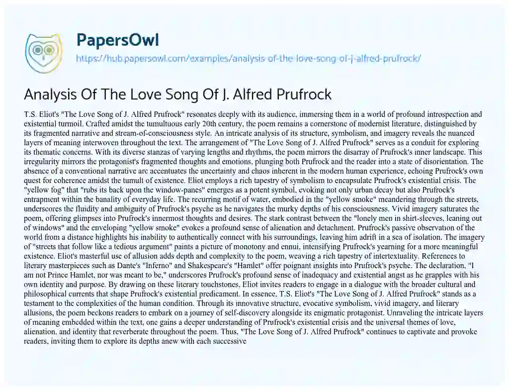 Essay on Analysis Of The Love Song Of J. Alfred Prufrock