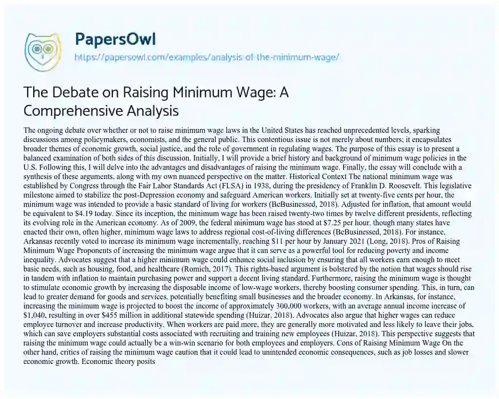 Essay on The Debate on Raising Minimum Wage: A Comprehensive Analysis