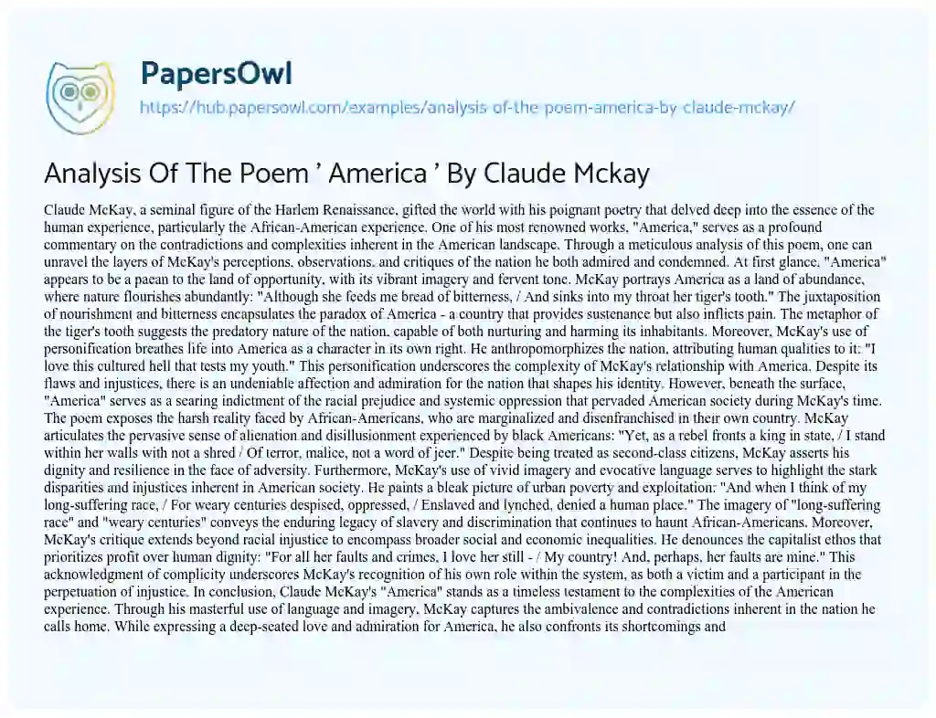 Essay on Analysis Of The Poem ‘ America ‘ By Claude Mckay
